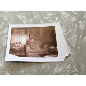 Vintage Polaroid Photo Boy with Gun 1970s Wood Panel Wall Snapshot Jay Found Art